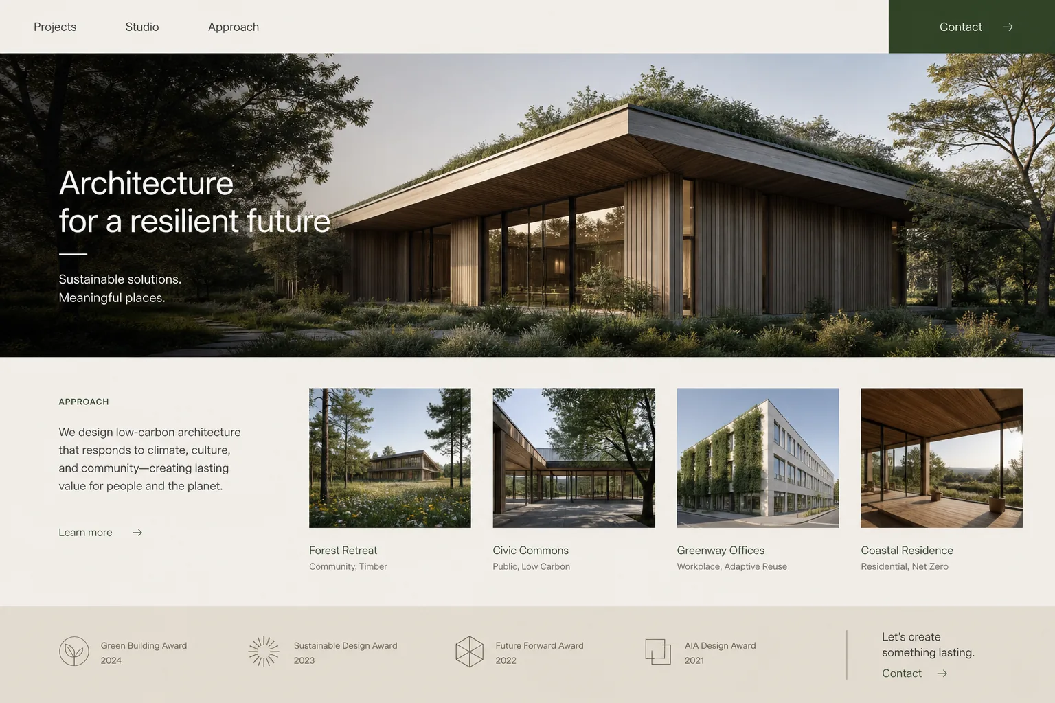 Architecture studio website with a low-carbon building hero, project portfolio, studio approach, and awards.