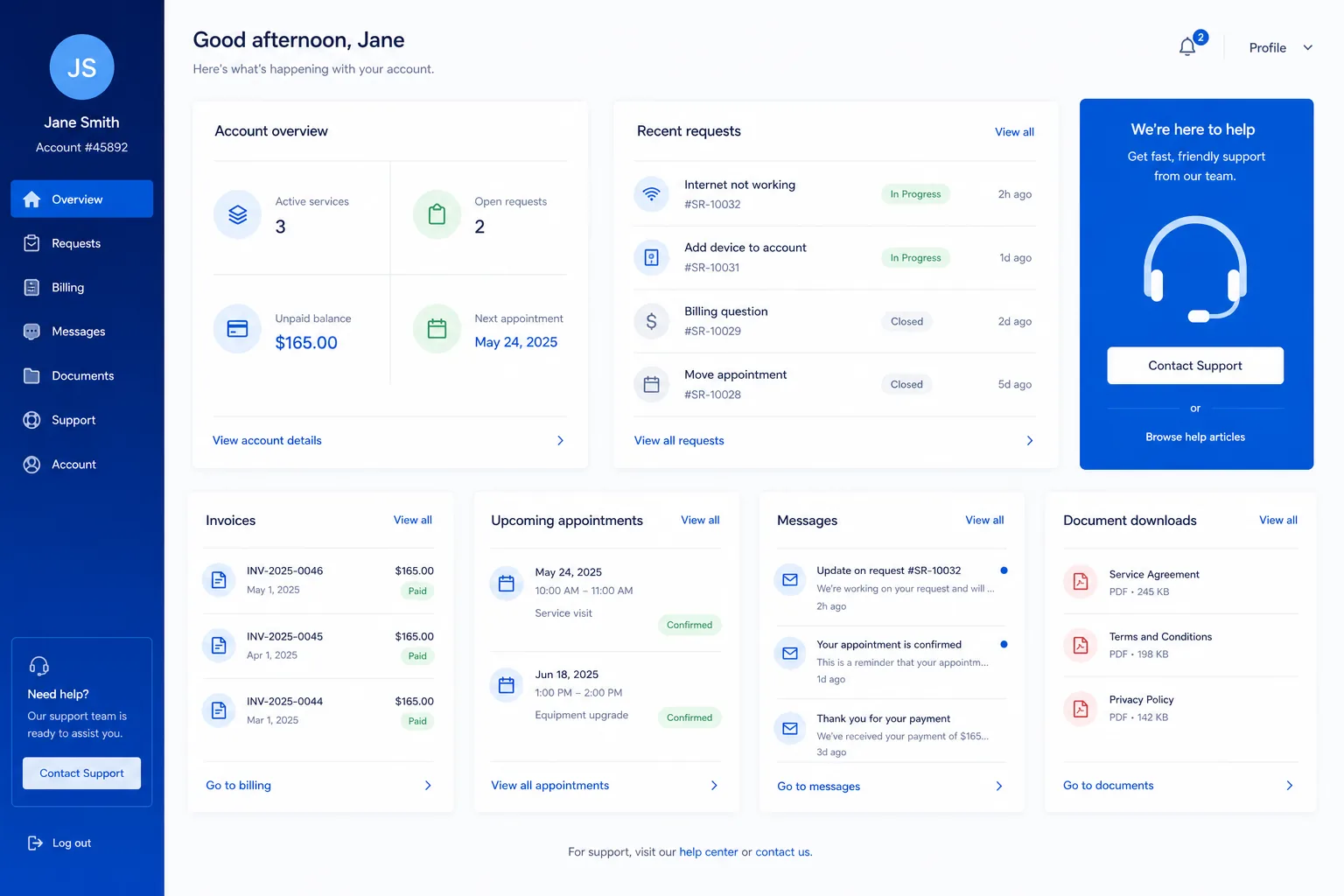 Customer portal showing account overview, service requests, billing, appointments, messages, and documents.