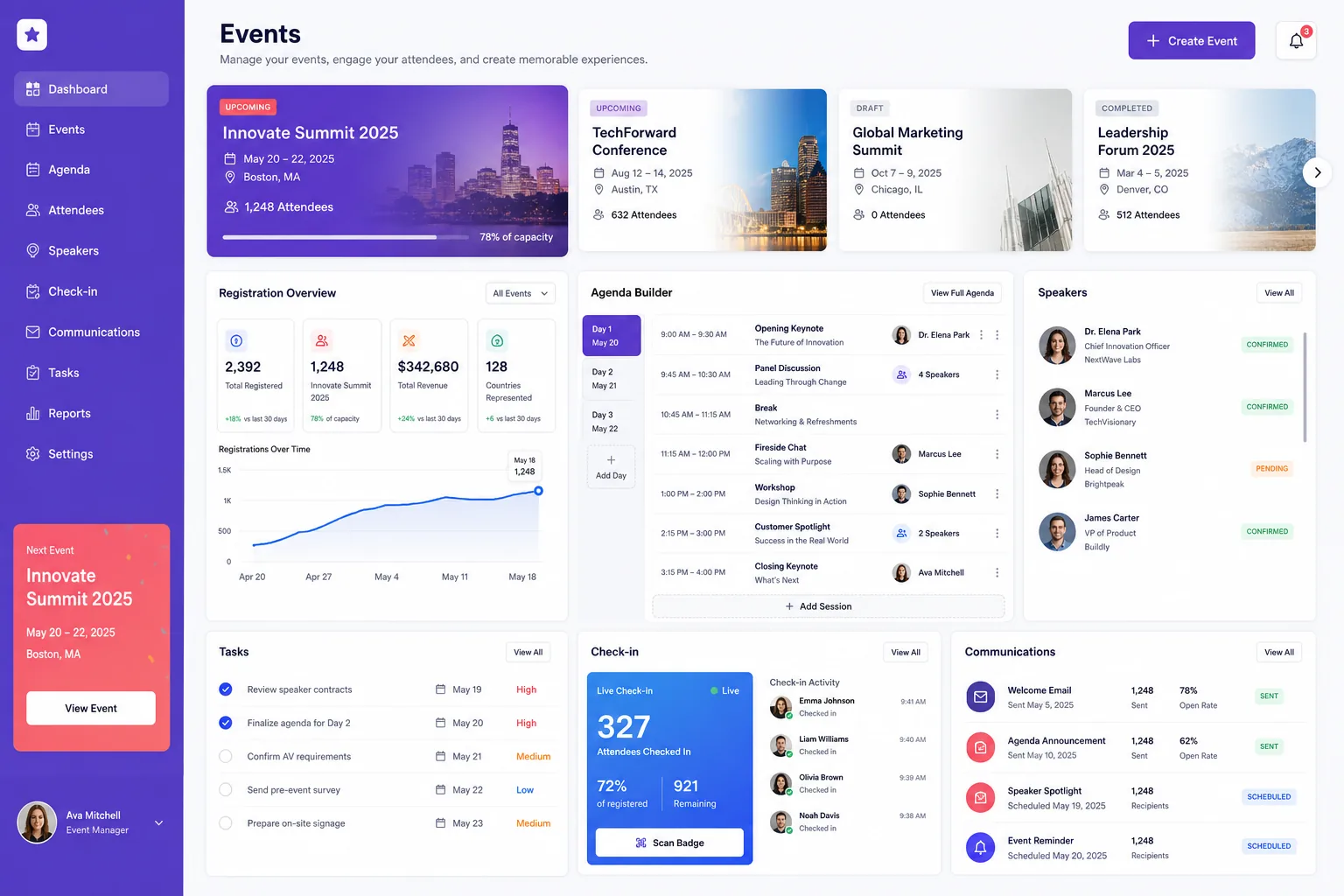 Event management application with registrations, agenda building, speakers, attendee check-in, tasks, and communications.