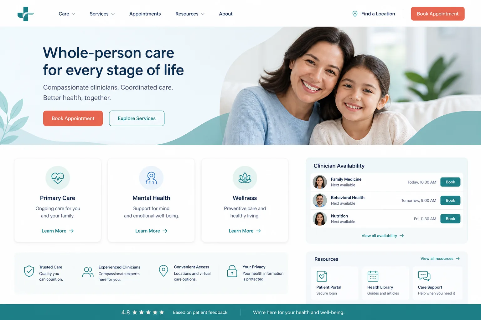 Healthcare website homepage with care services, clinician availability, appointment actions, and patient resources.