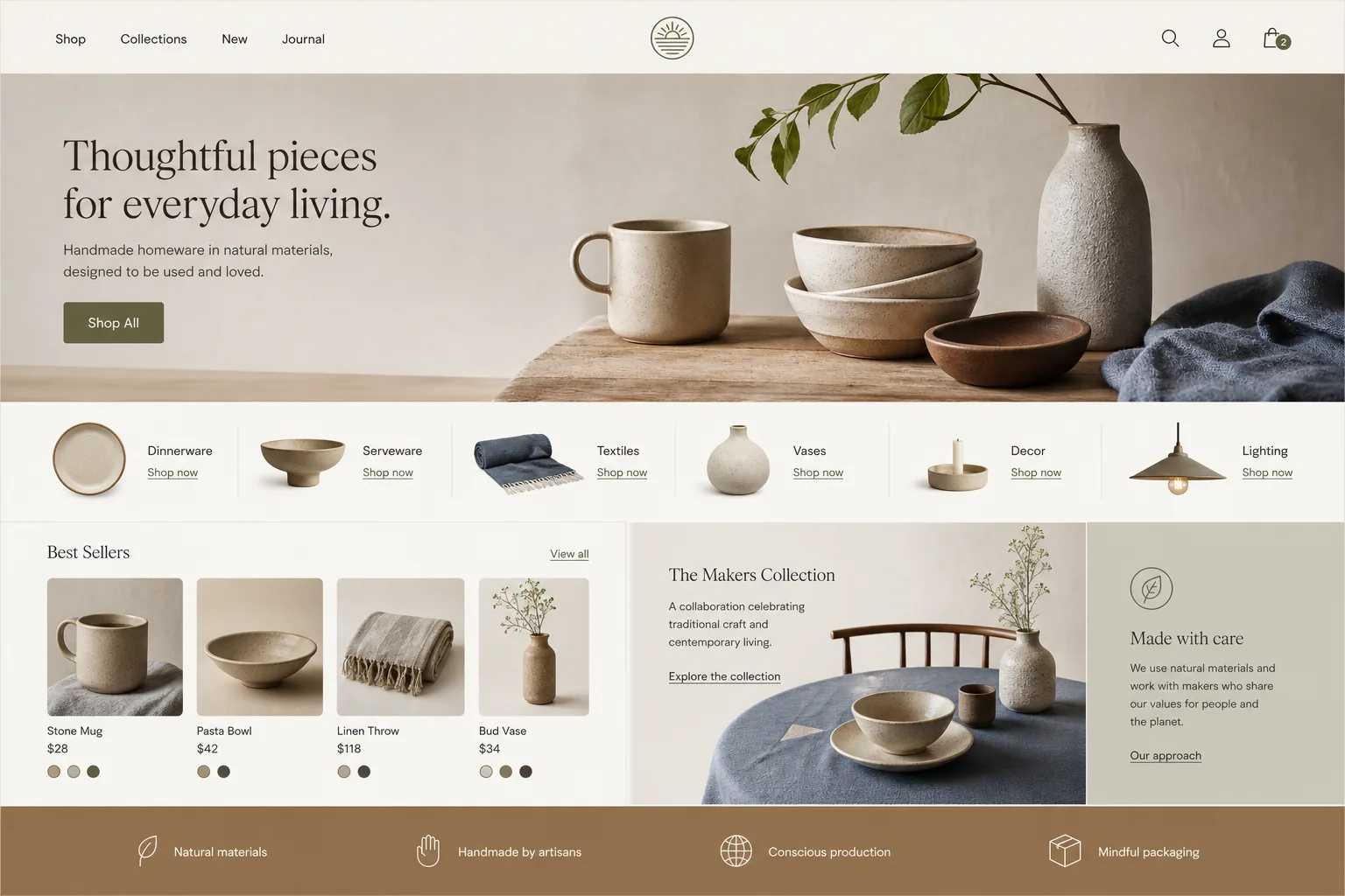 Artisan homeware ecommerce website with product categories, best sellers, collection story, and sustainability details.