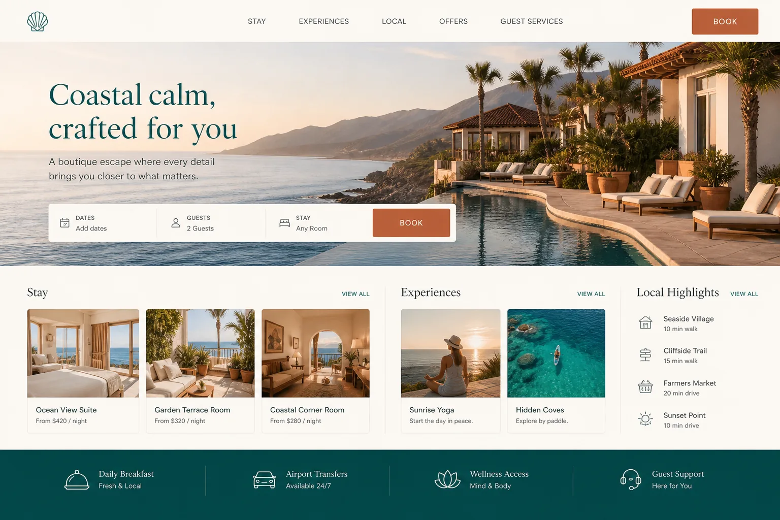 Boutique resort website with coastal photography, booking search, rooms, experiences, and local highlights.