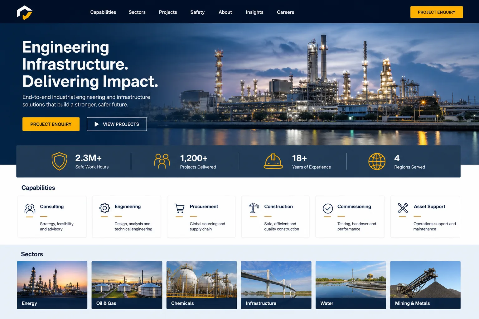 Industrial engineering website with project photography, capability cards, safety indicators, and sectors served.