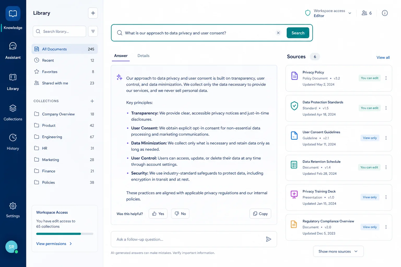 AI knowledge workspace showing search, a grounded answer, cited sources, document collections, and access controls.
