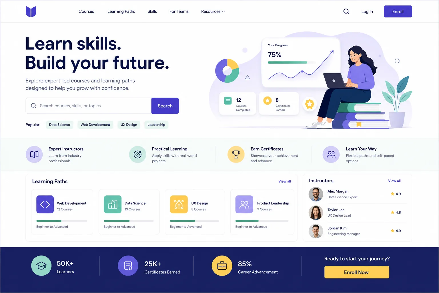 Learning academy website with course search, learning paths, progress illustration, instructors, and enrollment actions.