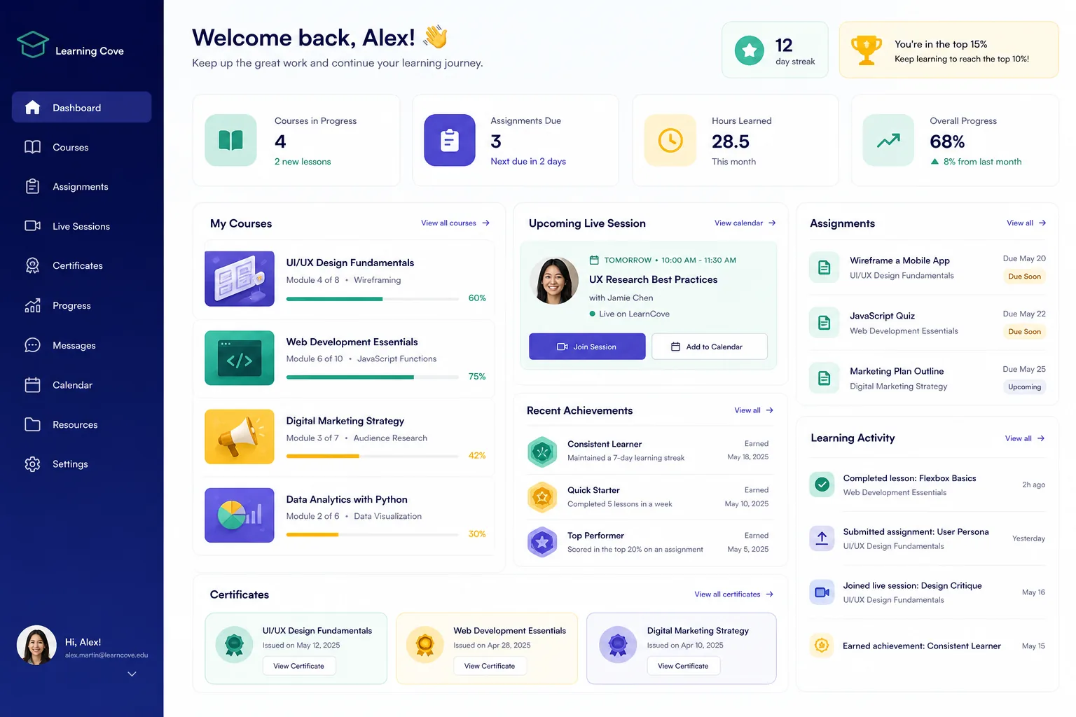 Learning application with course progress, assignments, a live session, achievements, activity, and certificates.
