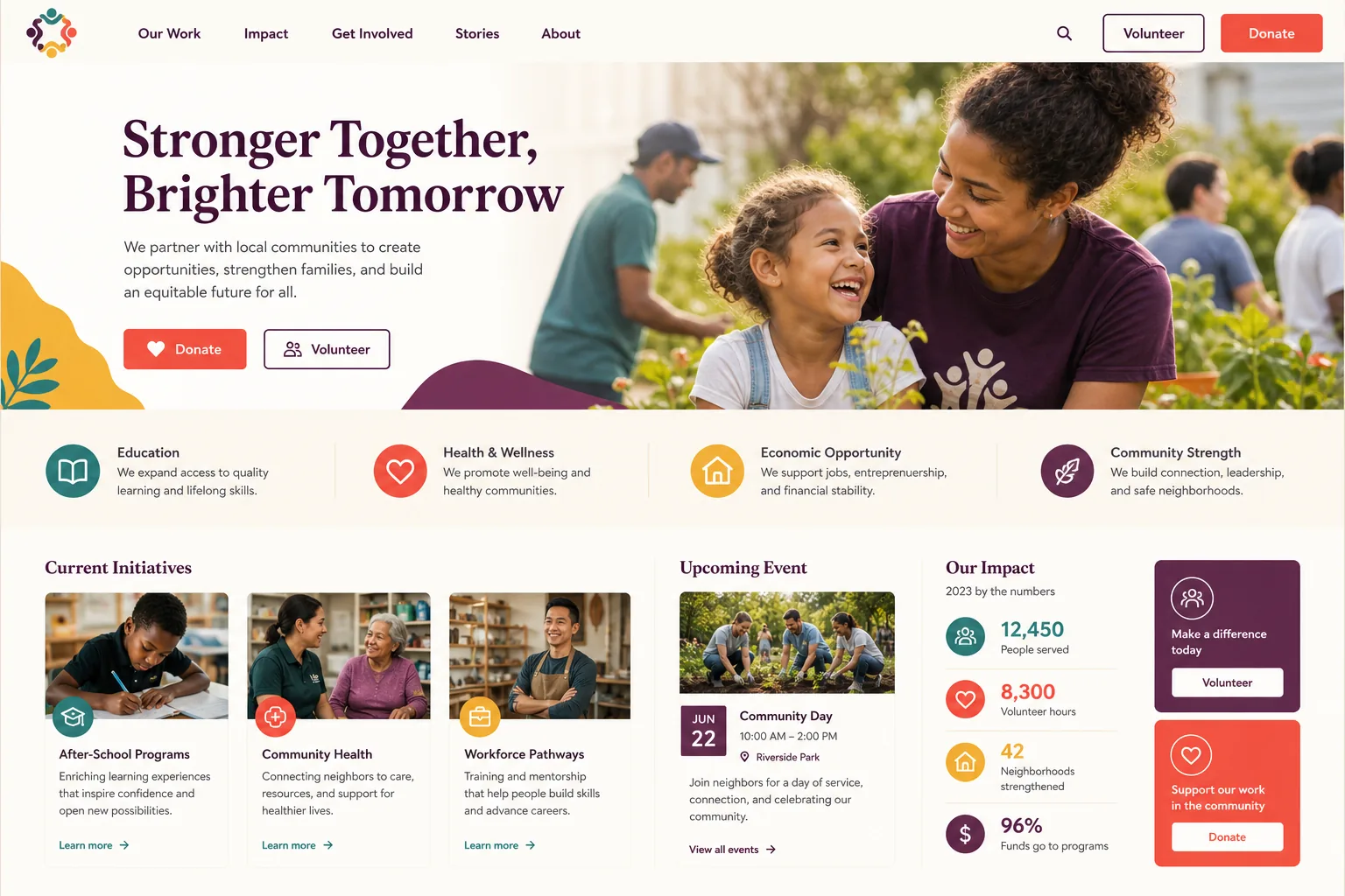 Community nonprofit website with mission, initiatives, events, impact summaries, volunteering, and donation actions.