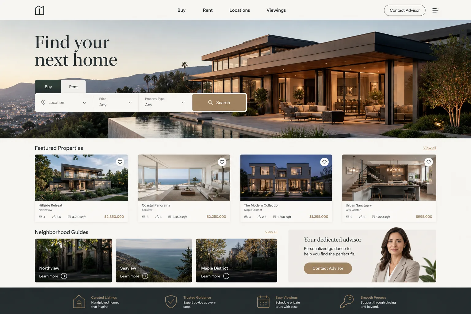 Residential real estate website with property search, featured homes, neighborhood guides, and viewing requests.